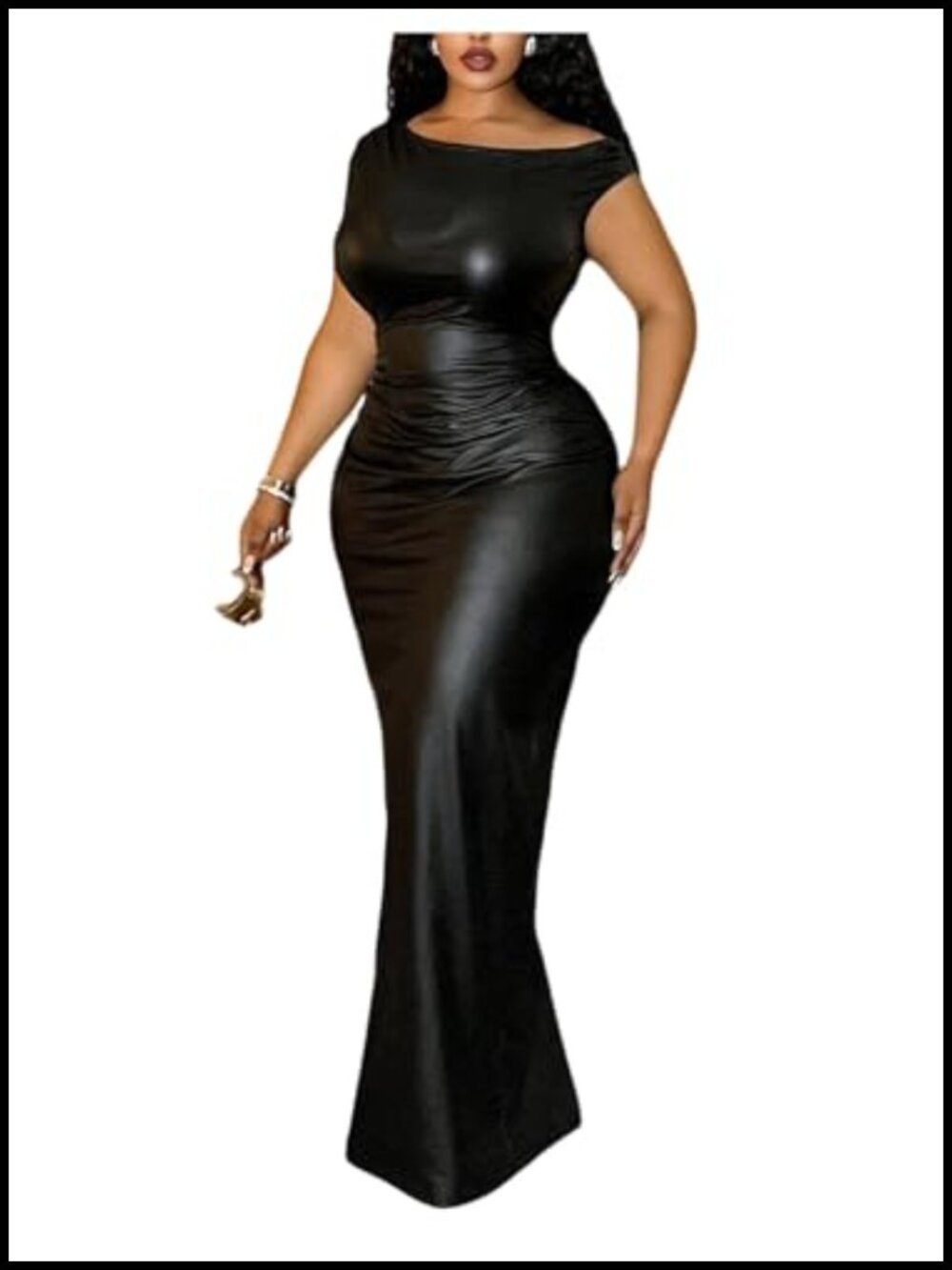 Plus Size Off Shoulder Faux Leather Maxi Dress Bodycon Ruched - Picture 1 of 4